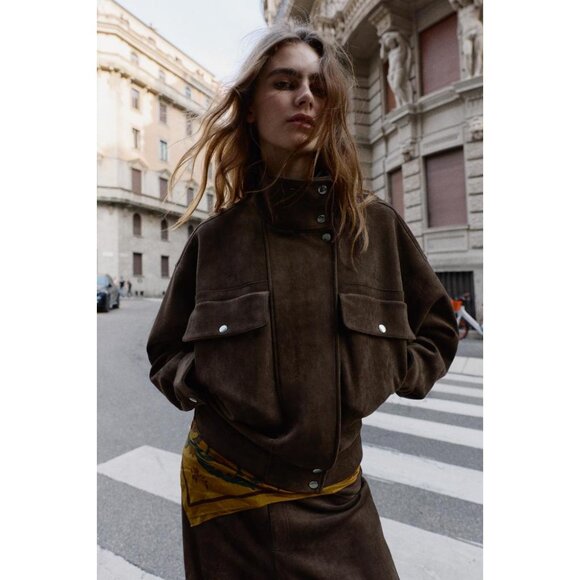 ZARA OVERSIZE FAUX SUEDE BOMBER JACKET - Picture 1 of 10